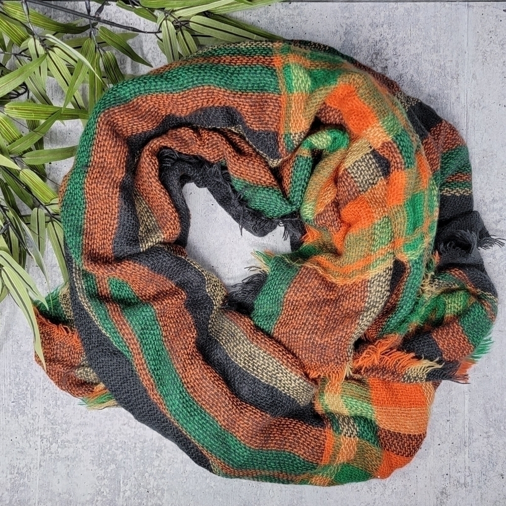 Green Orange Navy Tan Plaid Blanket Scarf with Fringe Cozy Casual Comfy